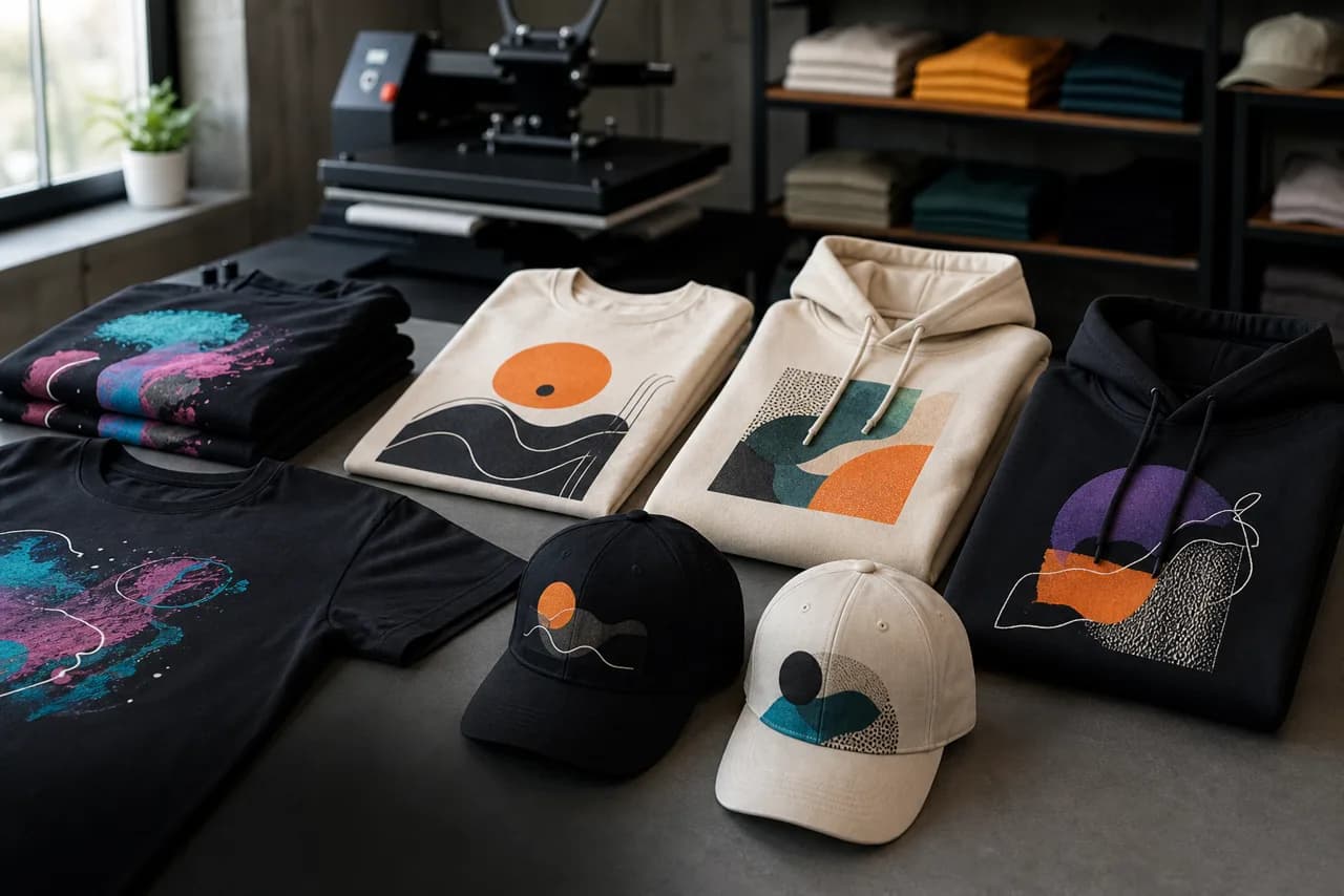 Custom printed apparel including shirts, hoodies, and caps