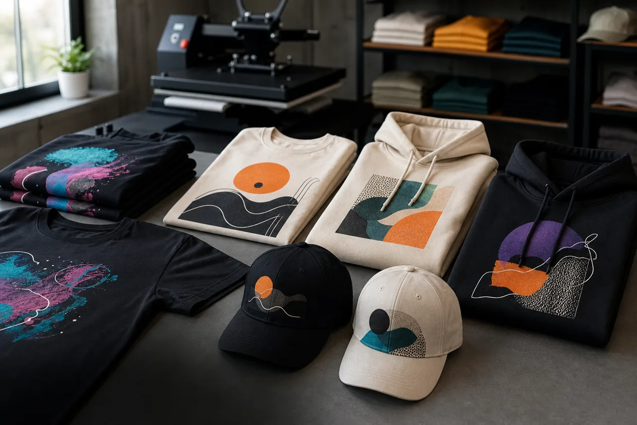Custom printed apparel including shirts, hoodies, and caps