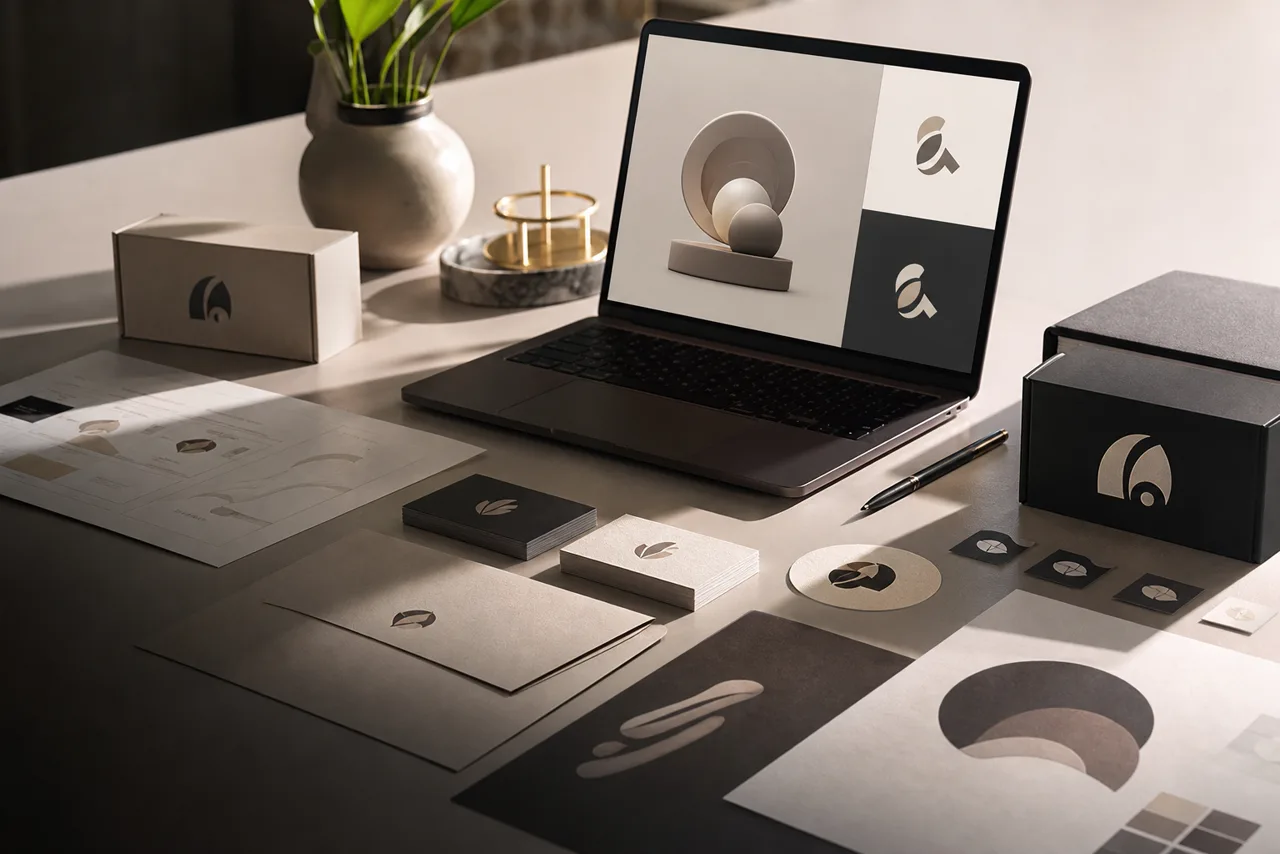 Premium brand identity mockups with stationery and packaging