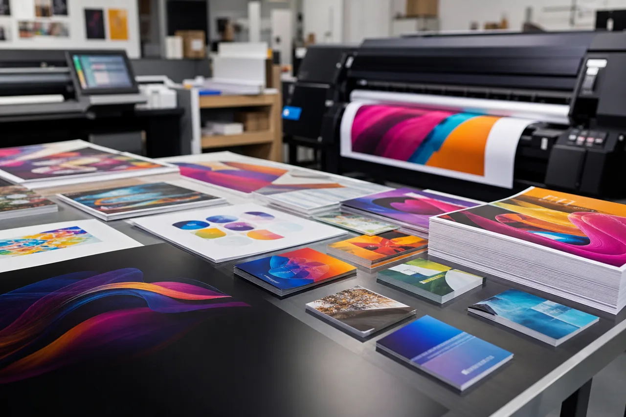 Freshly printed business cards and marketing materials in a print shop