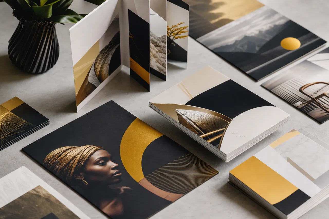 Colorful promotional flyers and brochures arranged on a print studio table