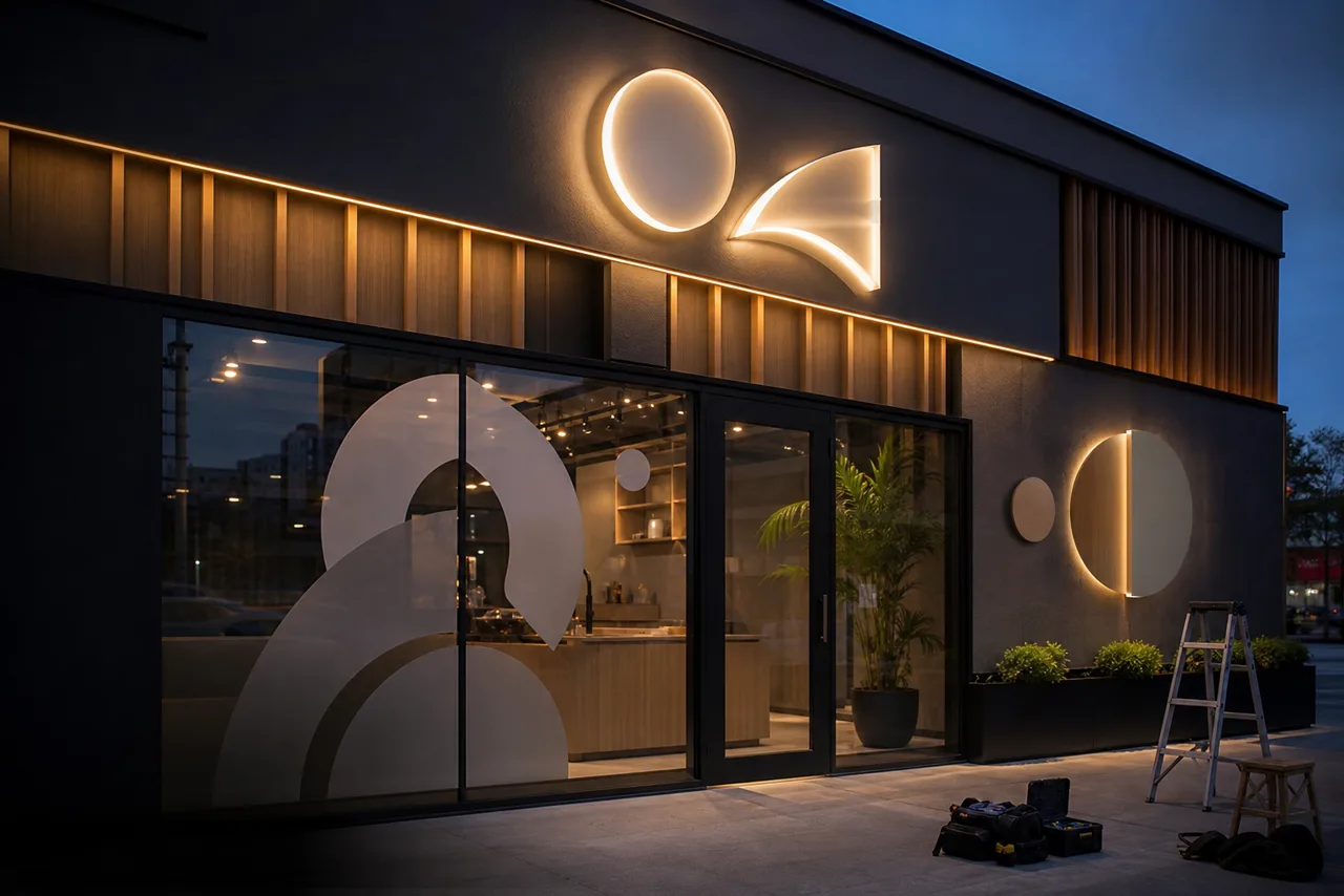Modern illuminated storefront signage and vinyl window graphics