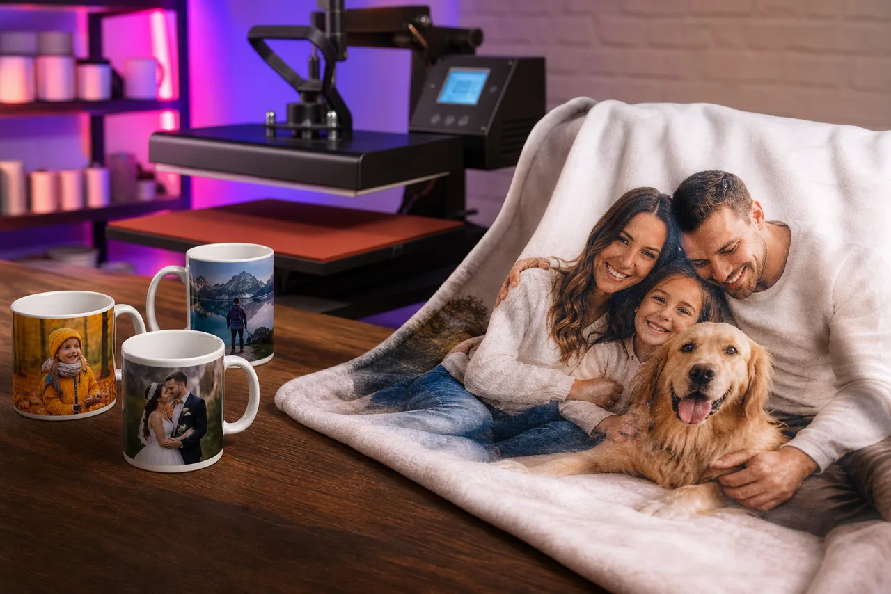 Custom sublimation mugs and a personalized blanket in a production workspace