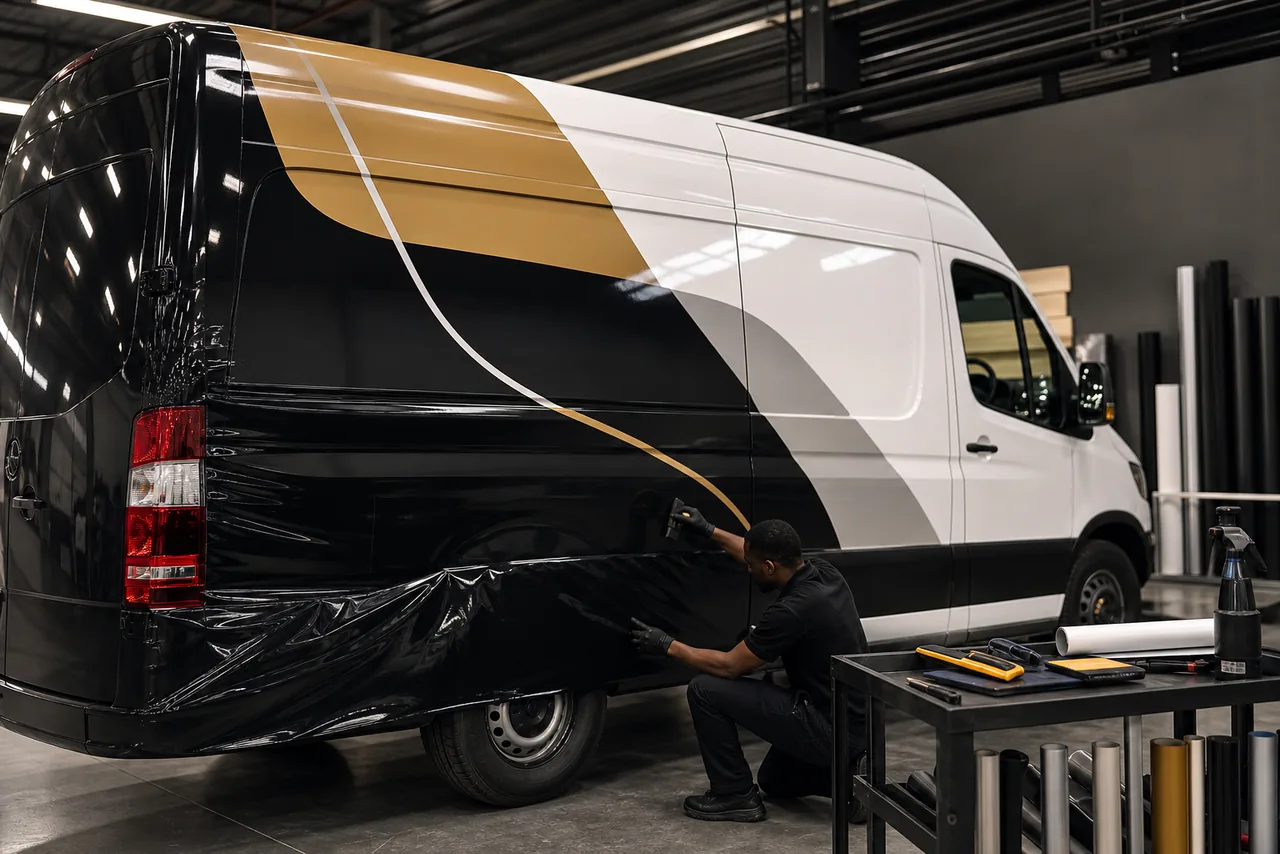 Modern delivery van receiving a glossy branded vehicle wrap in a signage workshop